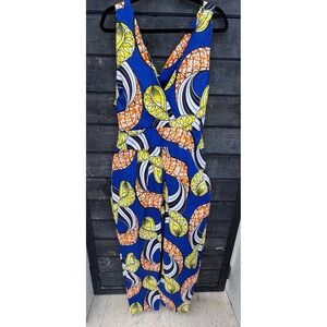 Grass-Fields African Wax Print Jumpsuit Blue Orange Yellow XXL Wide Leg Tie Back